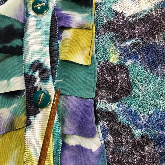 St John womens M abstract floral button up open knit cardigan ruffles cotton - Picture 9 of 12